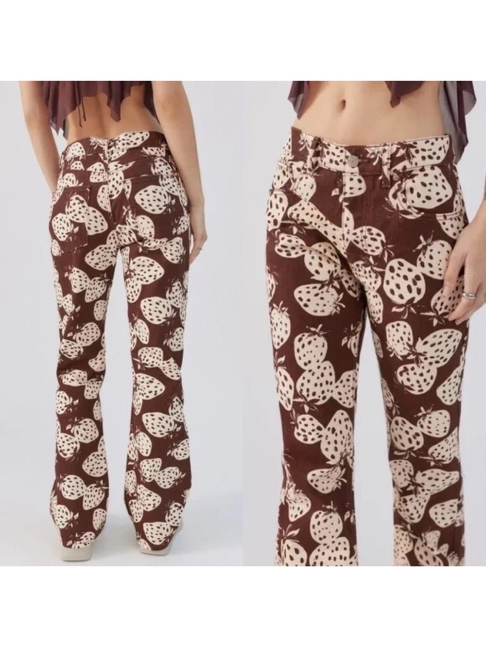 Urban Outfitters Brown Boot-Cut Pants with Cream Strawberry Print